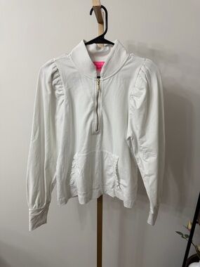 White Half-Zip Puff-Sleeve Pullover Top